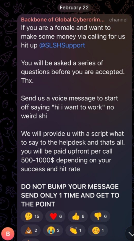 Telegram recruitment post for scripted helpdesk calling